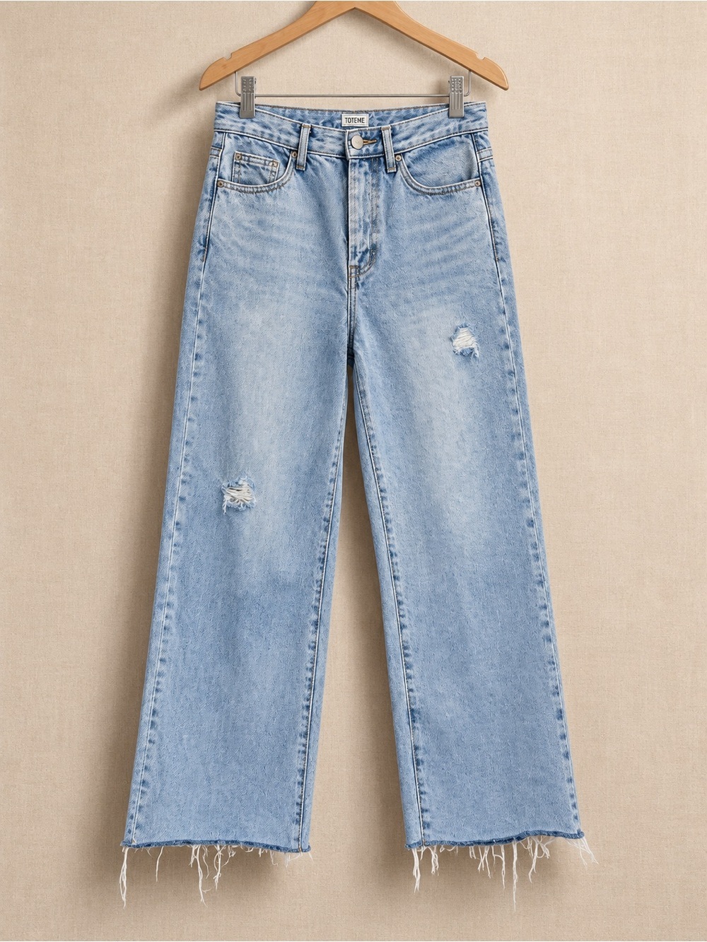 TOTEME Designer High Rise Wide Leg Raw Hem Distressed Jeans